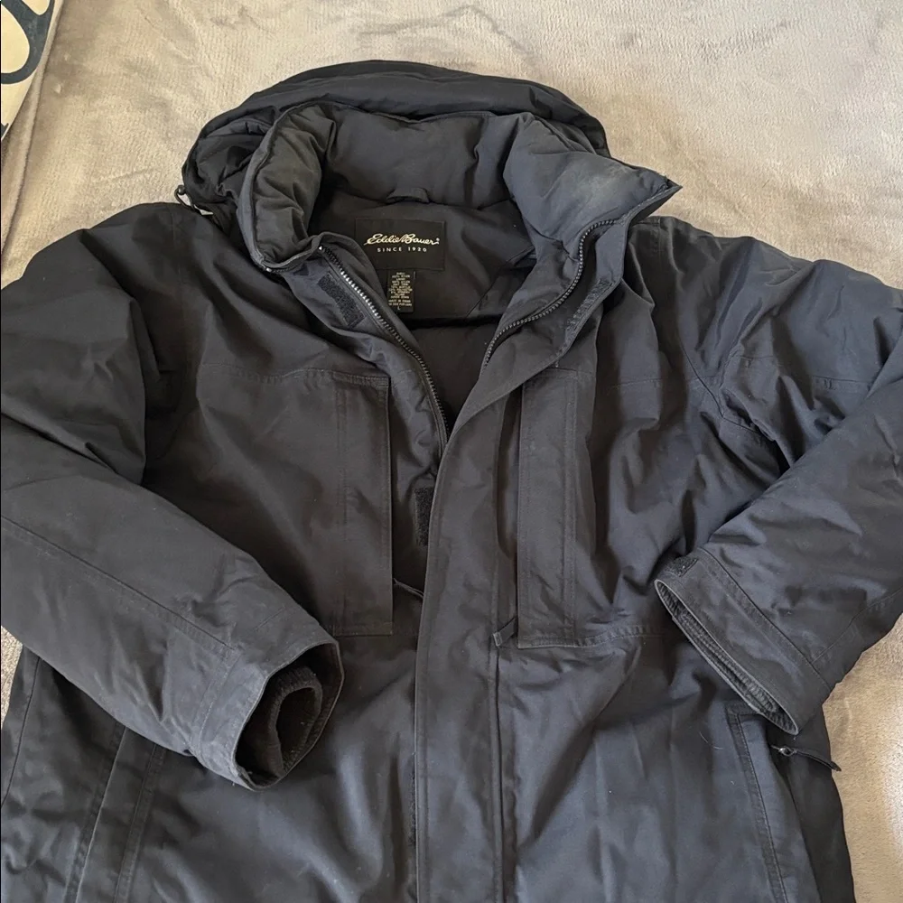 Eddie Bouer Men's Black‎ Removable Hoodie Goose Down Winter Coat Jacket Size L